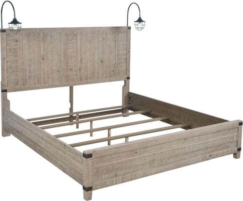 Rustic Farmhouse Queen Panel Bed with Dual Touch Lighting