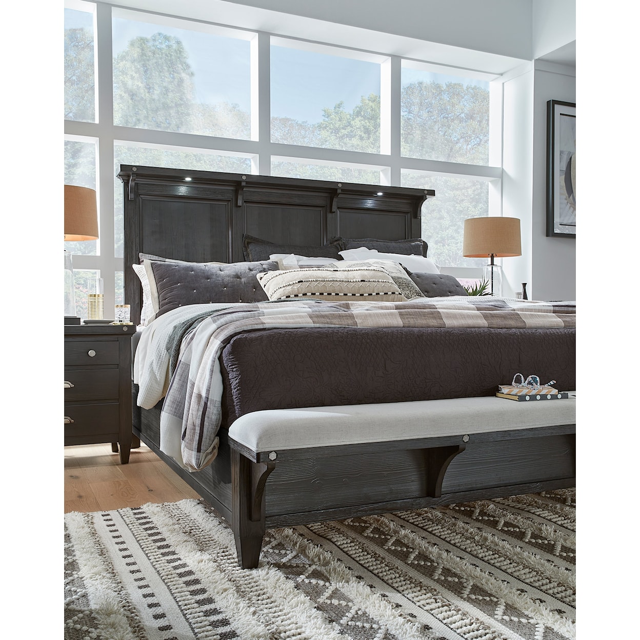 Magnussen Home Sierra Bedroom King Lighted Panel Bed with Bench