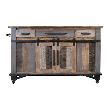 Rustic Solid Wood Kitchen Island with Sliding Barn Doors and Casters