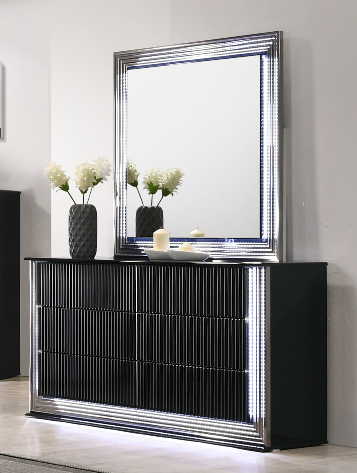Global Furniture Aspen ASPENBLACKMR W/ LED Contemporary Square Dresser Mirror with LED Lights