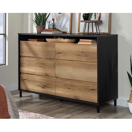 Rustic Six-Drawer Dresser with Open Shelf Storage