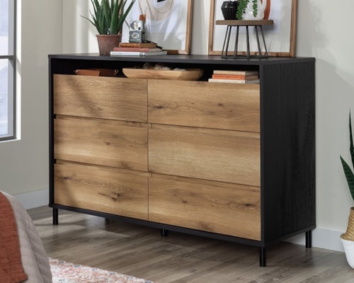 Rustic Six-Drawer Dresser with Open Shelf Storage