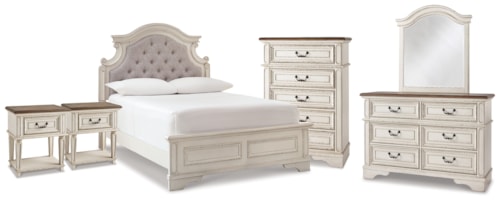 Full Upholstered Panel Bed, Dresser, Mirror, Chest And 2 Nightstands