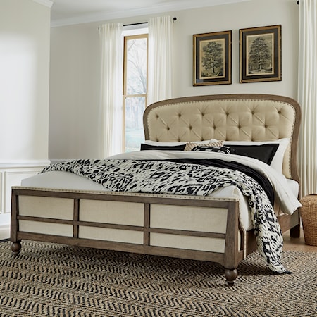 Transitional King Shelter Bed with Upholstered Headboard and Footboard