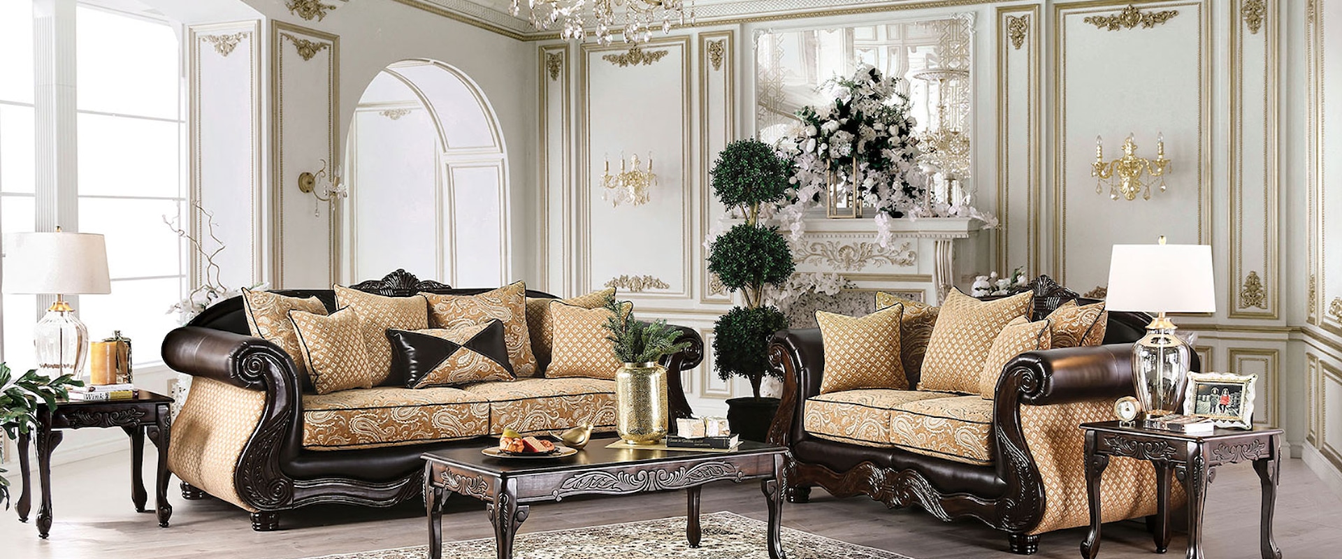 Traditional Sofa and Loveseat Set with Victorian Print