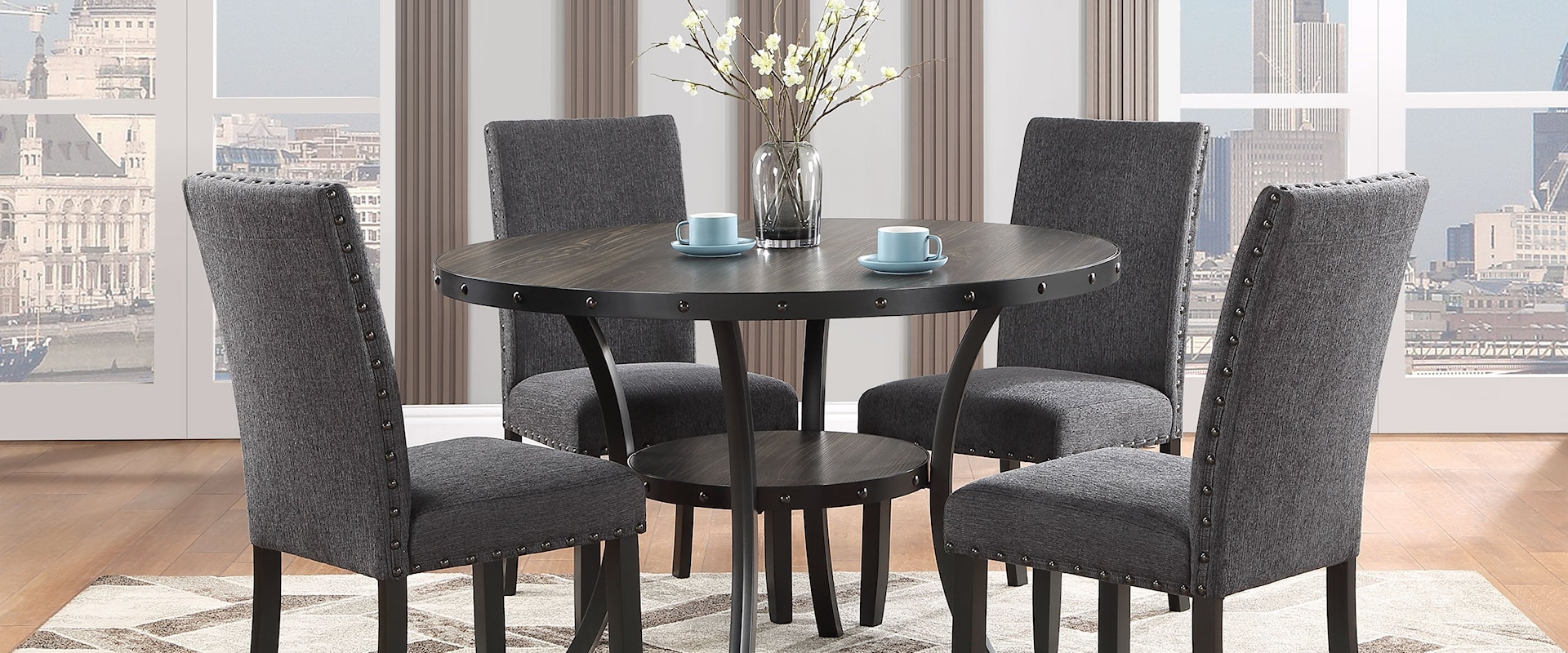 Transitional Round Dining Table with 4 Dining Chairs