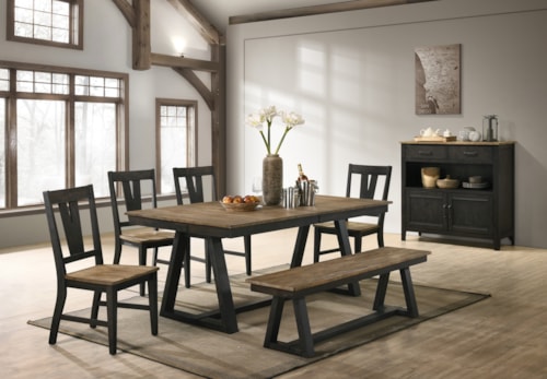 Transitional 7-Piece Dining Set with Dining Bench and Sideboard