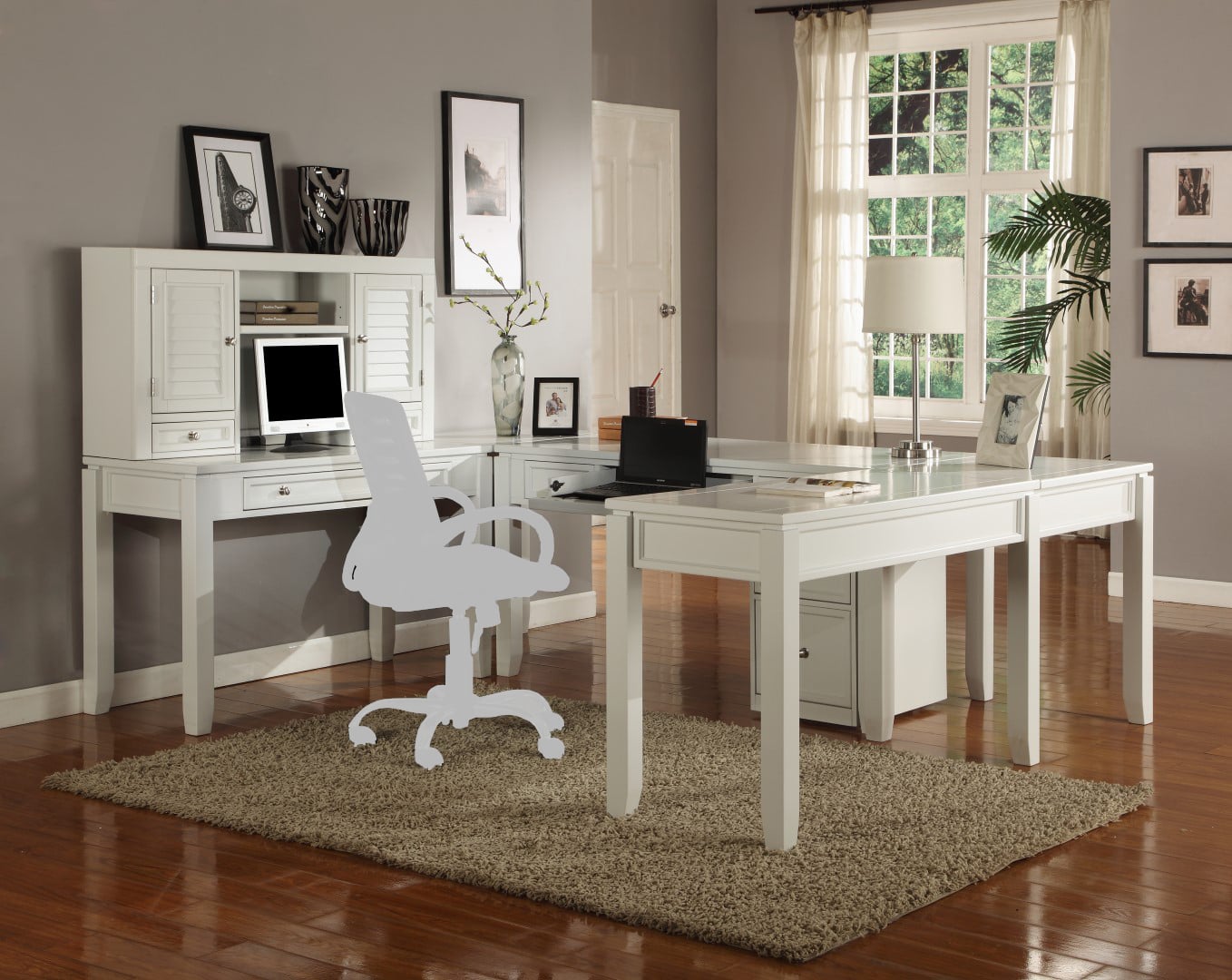 U-Shaped Desk with File Cabinet and Hutch