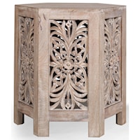 Boho Solid Wood End Table with Hand-Carved Botanical Motif