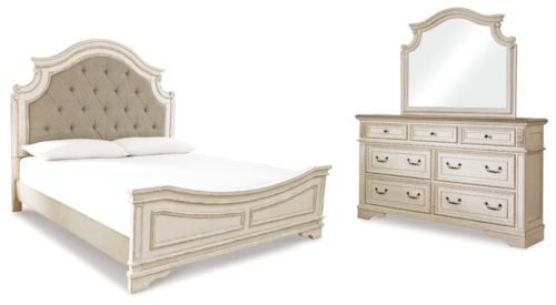 King Upholstered Panel Bed, Dresser And Mirror