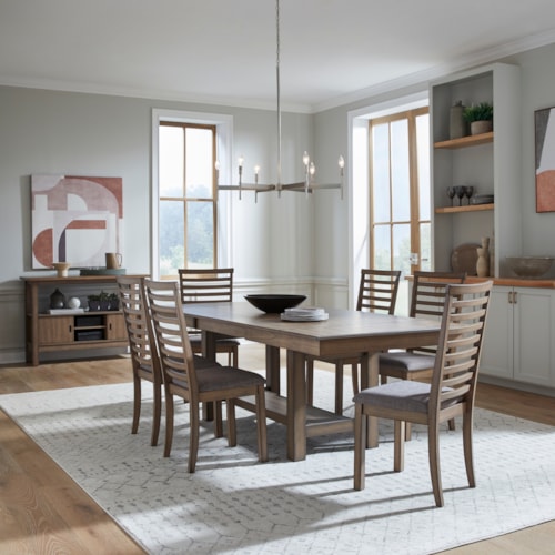 Transitional 7-Piece Trestle Table Dining Set with Ladder Back Chairs