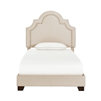 Transitional Queen Anne Nailhead Trim Upholstered Twin Bed in Cream