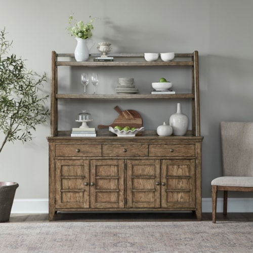 Transitional Server and Hutch with Open Top Shelf and Felt-Lined Drawers