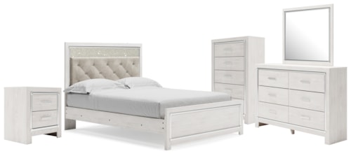 Queen Upholstered Panel Bed, Dresser, Mirror, Chest And Nightstand