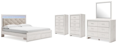 King Storage Bed, Dresser, Mirror And 2 Chests