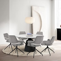 Contemporary 7 Piece Dining Set with Stone Top and Gray Fabric Chairs