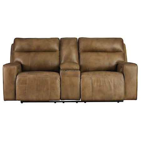 Contemporary Leather Power Reclining Loveseat with Console