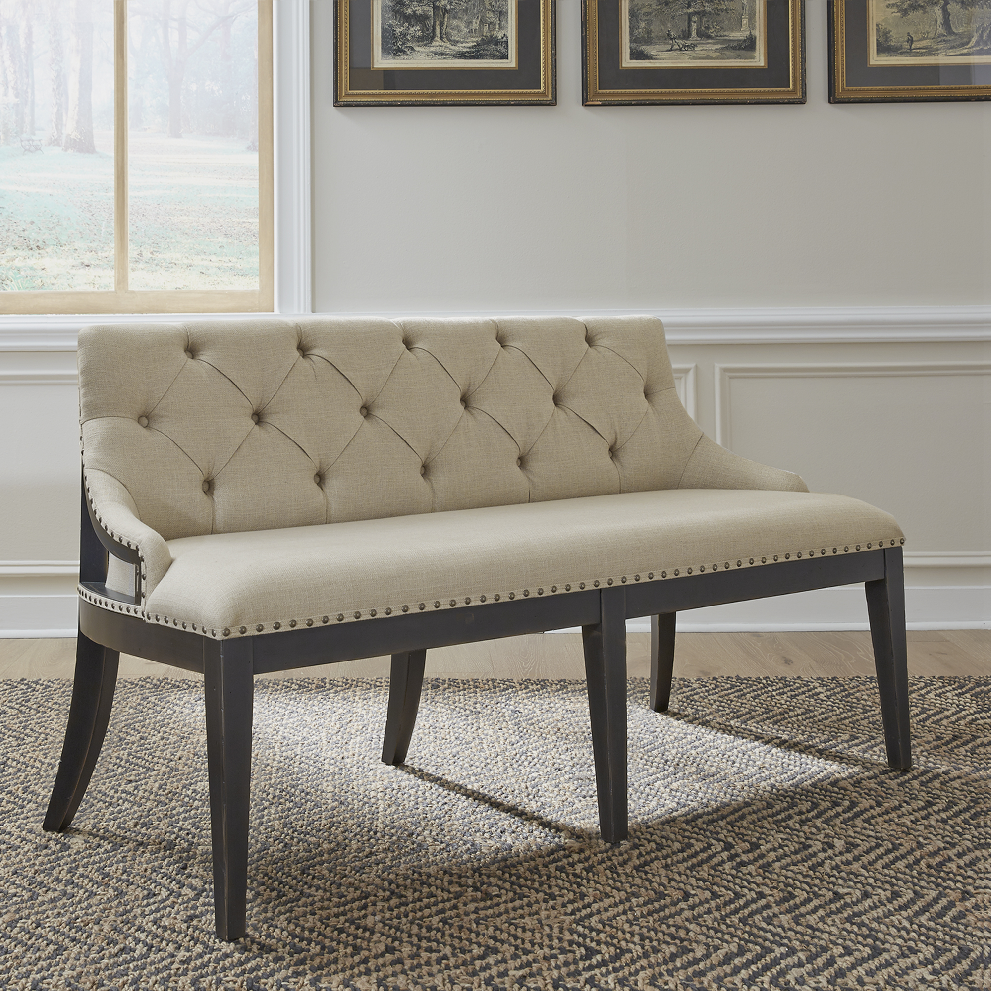 black upholstered dining bench