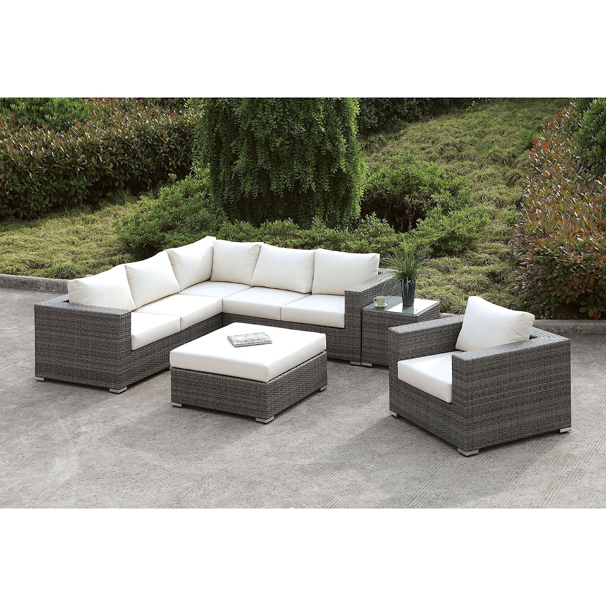 Furniture of America Somani L-Sectional + Chair + End Table + Ottoman