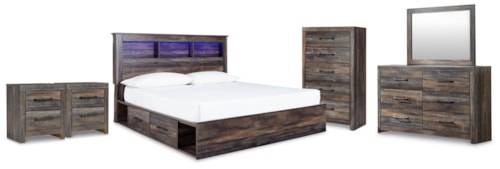 King Bookcase Storage Bed, Dresser, Mirror, Chest And 2 Nightstands