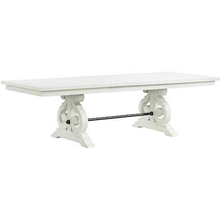 Transitional Dining Table with Decorative Scroll Pedestal