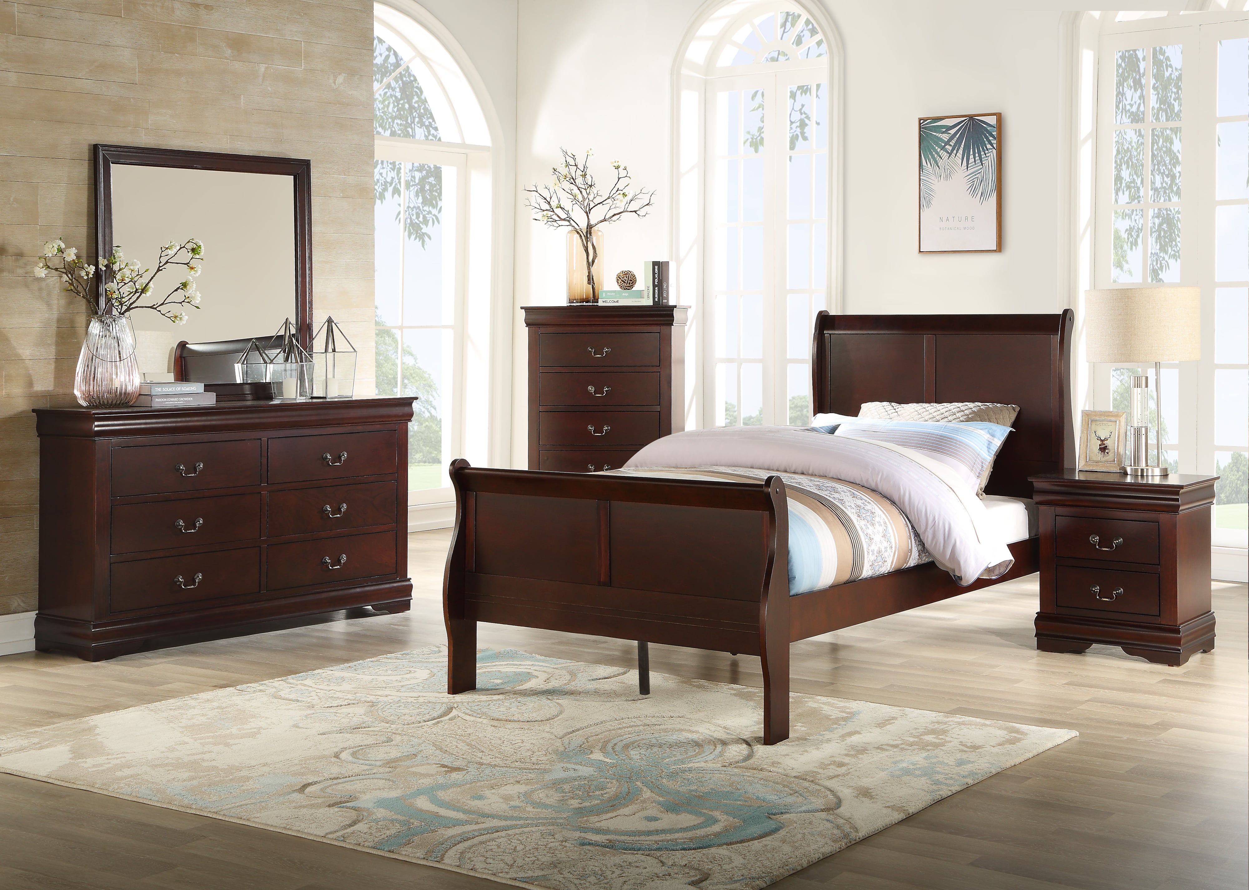 Louis Philip Transitional Cherry 5-Piece Bedroom Set - Twin