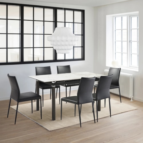 Contemporary 7 Piece Extendable Dining Set with Black Faux Leather Chairs