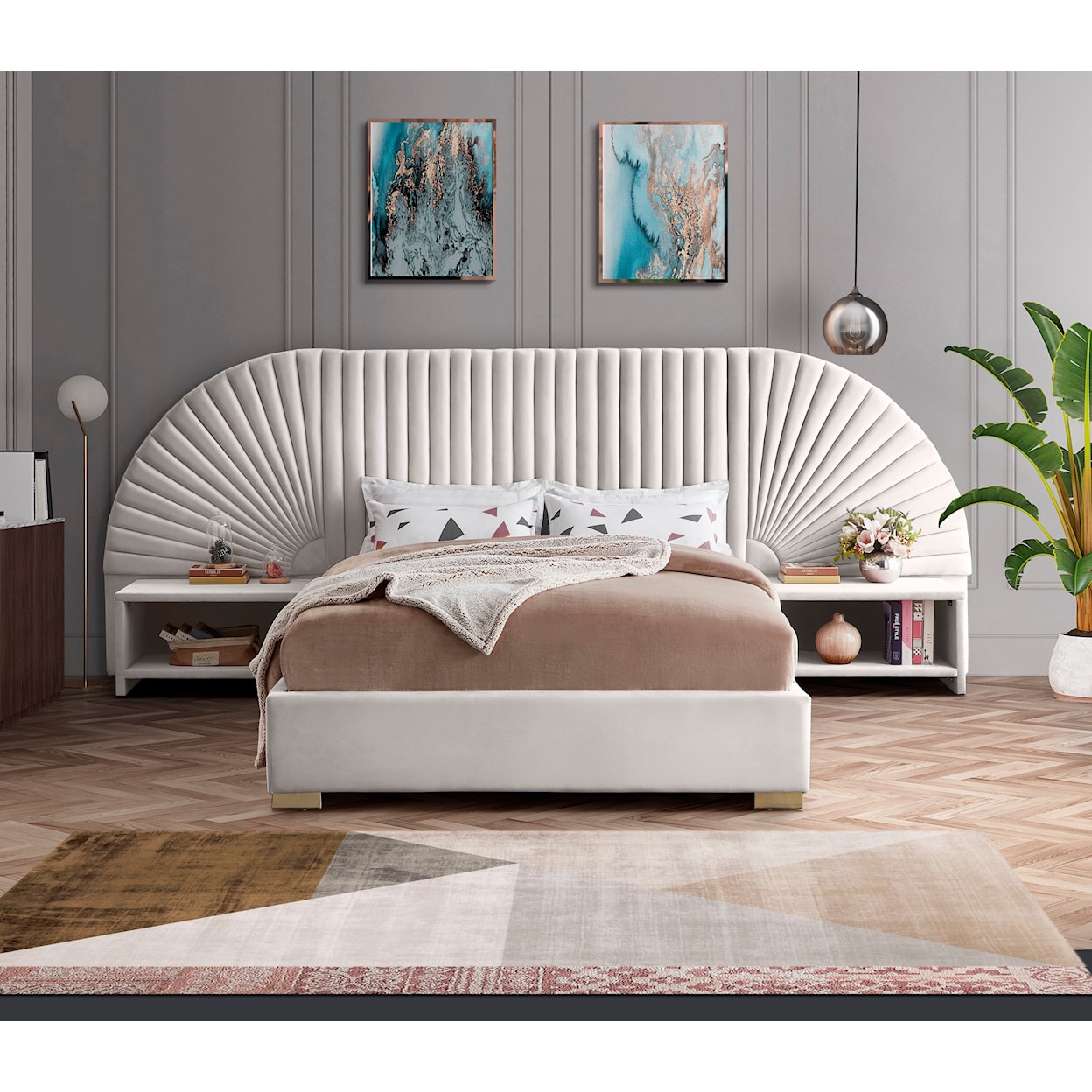 Meridian Furniture Cleo 3-Piece Cream Velvet King Bedroom Set