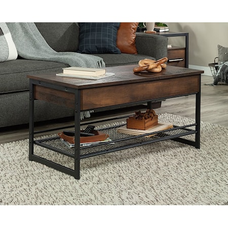 Industrial Lift-Top Coffee Table with Lower Storage Shelf