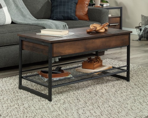Industrial Lift-Top Coffee Table with Lower Storage Shelf