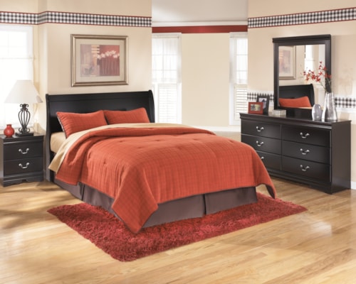 4pc Queen Sleigh Headboard Bed, Dresser, Mirror & Nightstand 