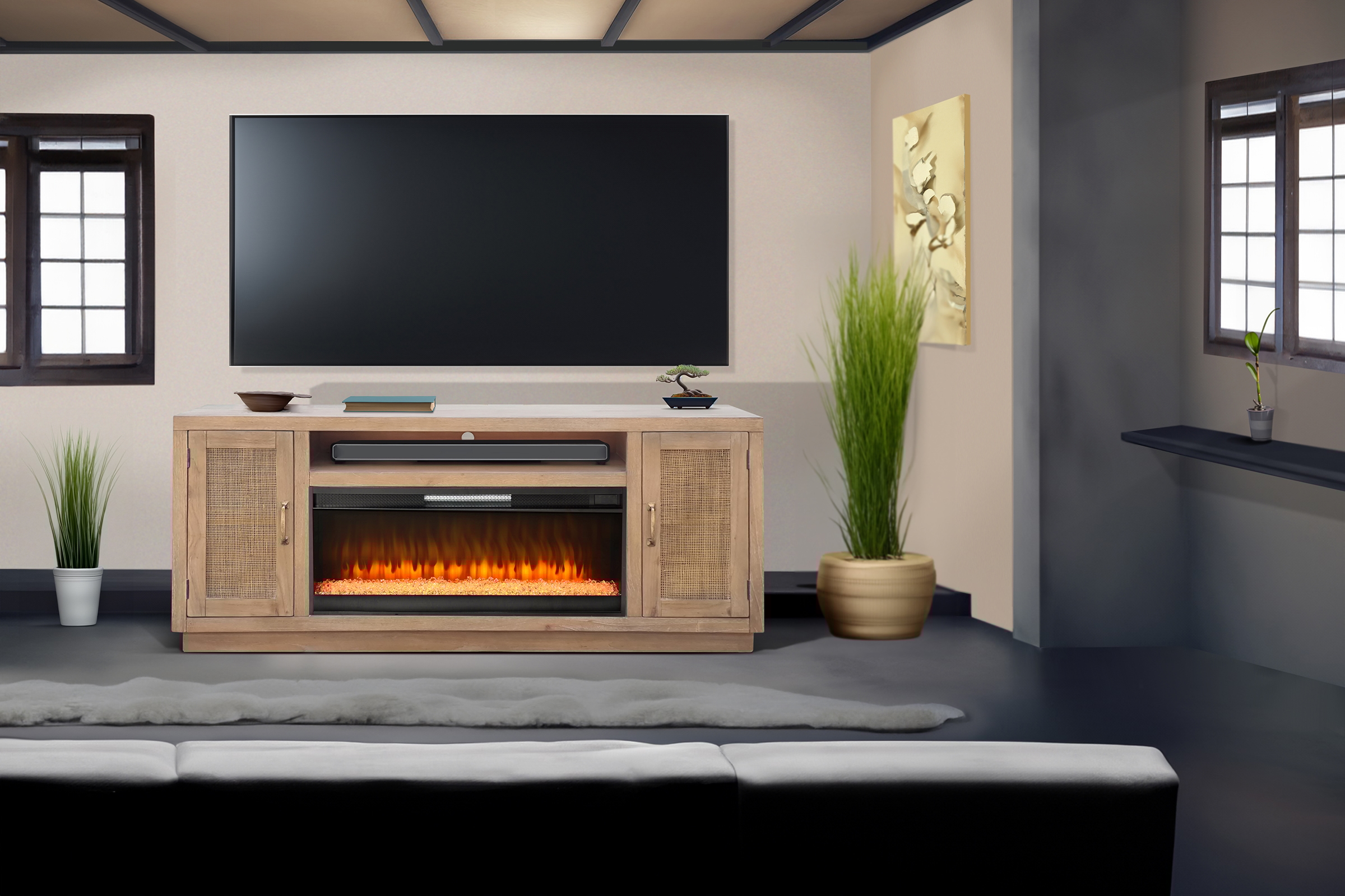 78" Cane Media Console W/ Electric Fireplace