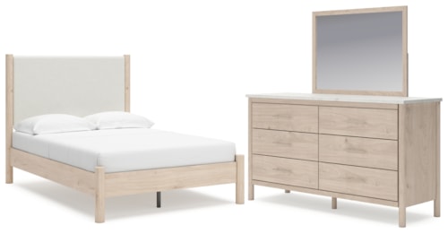 Full Upholstered Panel Bed, Dresser And Mirror