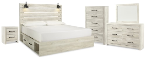 King Panel Storage Bed, Dresser, Mirror, Chest And Nightstand
