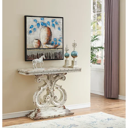 Relaxed Vintage Console Table with Curved Scroll Pedestal