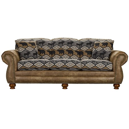 Traditional Rustic Two-Tone Sofa with Nailheads and Bun Feet