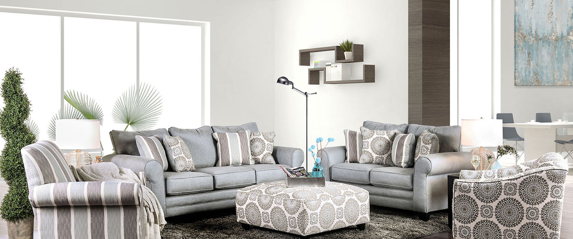 Transitional Sofa and Loveseat Set with Rolled Arms