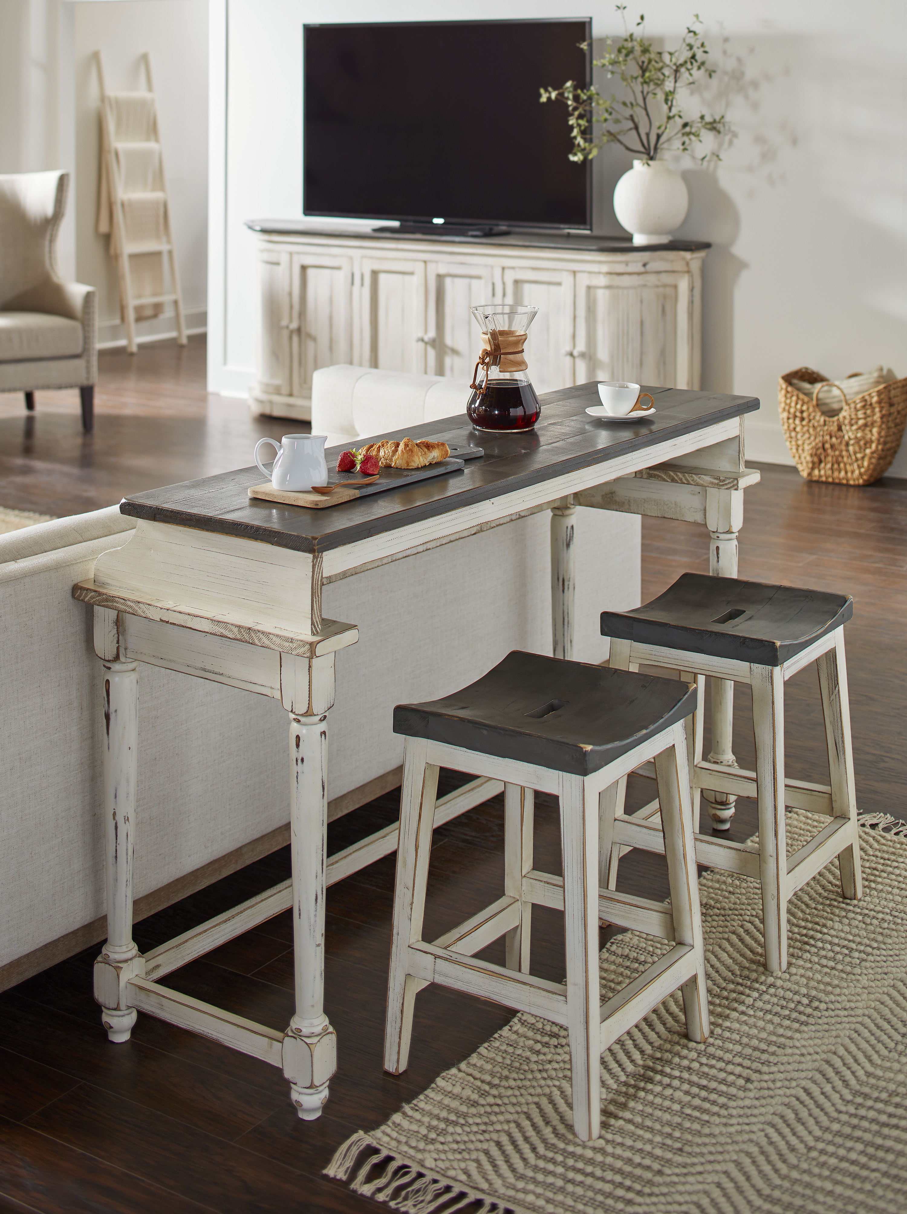 Console table with online bar stools