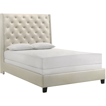 Transitional King Tufted Upholstered Bed with Nail-Head Trim
