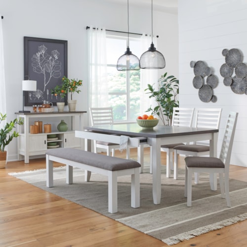 Transitional 6-Piece Leg Table Dining Set with Ladderback Side Chairs