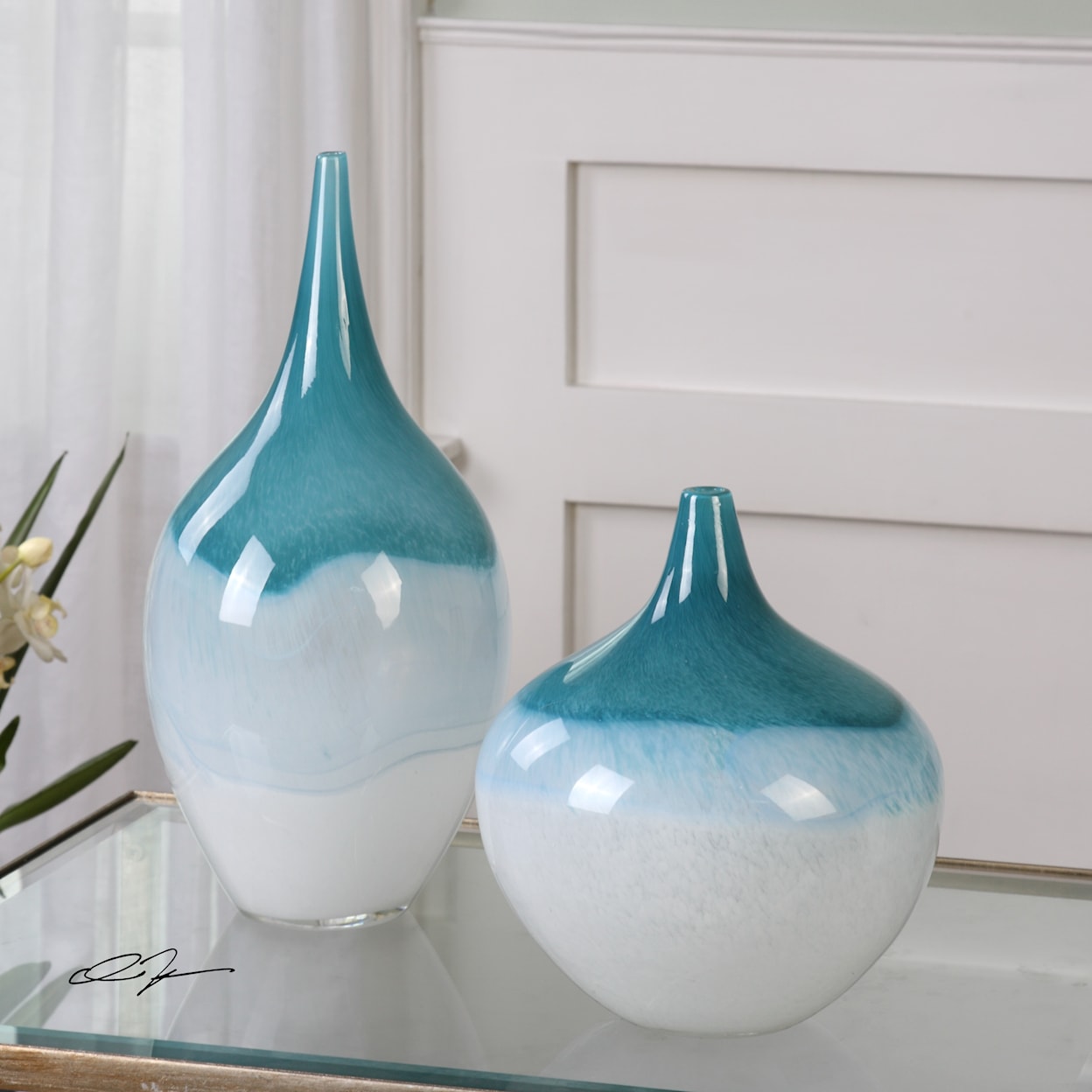 Uttermost Accessories - Vases and Urns Carla Teal White Vases, S/2