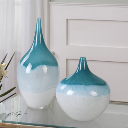 Carla Teal White Vases, S/2