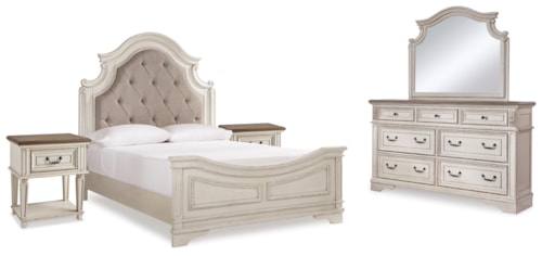 Queen Upholstered Panel Bed, Dresser, Mirror And 2 Nightstands