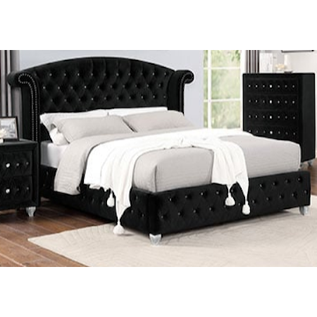 Glam Tufted Upholstered California King Bed Black