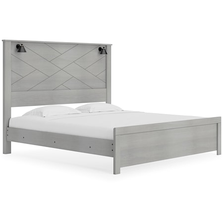 Gray Finish King Panel Bed with Sconce Lights