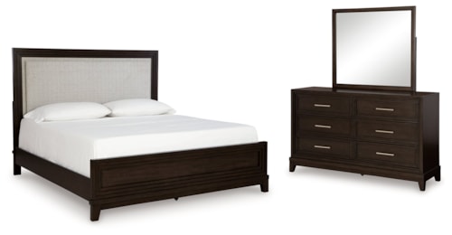 Queen Upholstered Panel Bed, Dresser And Mirror