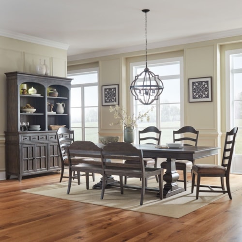 Traditional 6-Piece Dining Trestle Table Set with Ladder-Back Bench