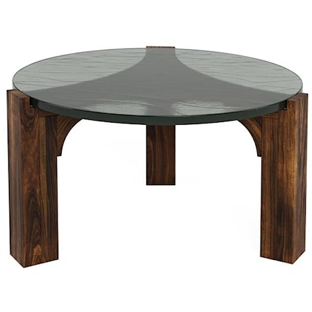 Transitonal Round Coffee Table with Hand Cast Glass Top