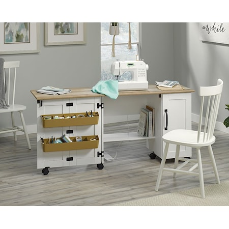 Farmhouse 2-Door Sewing Craft Cart with Drop-leaf Table