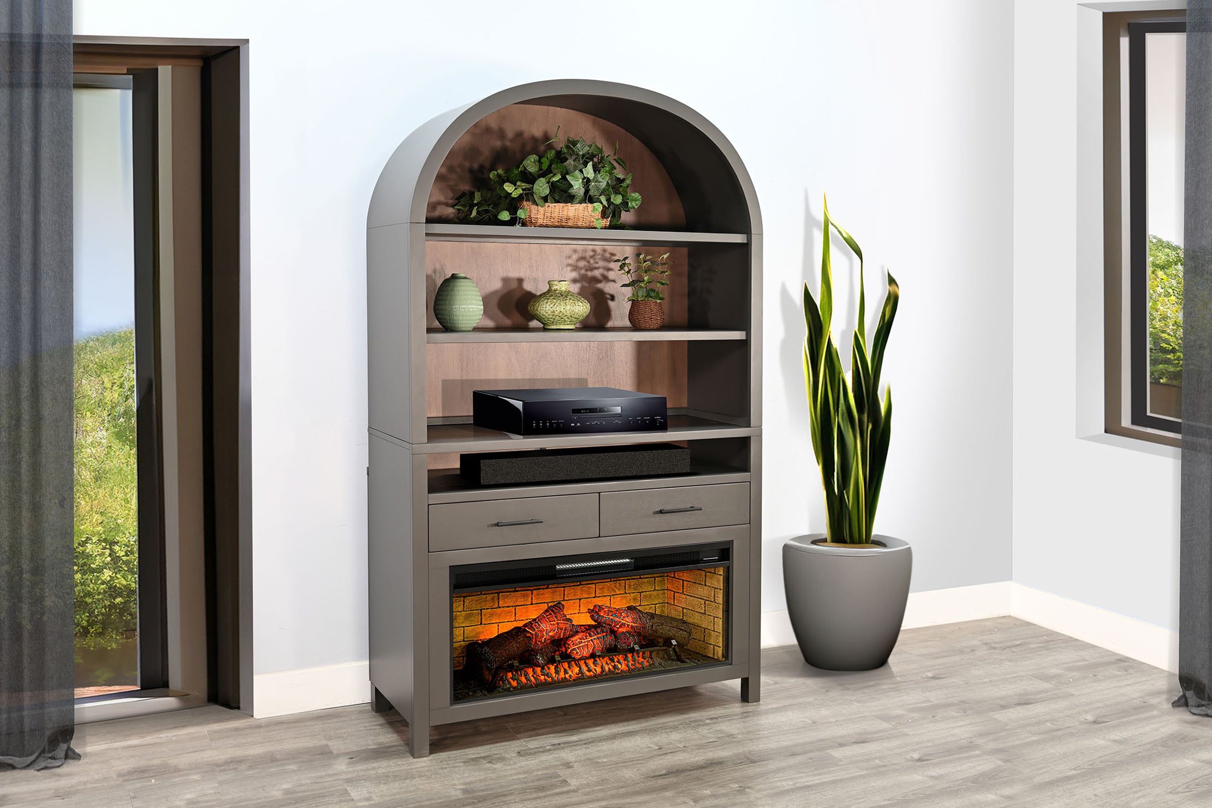 Wide Arch Bookcase with Log Fire Insert